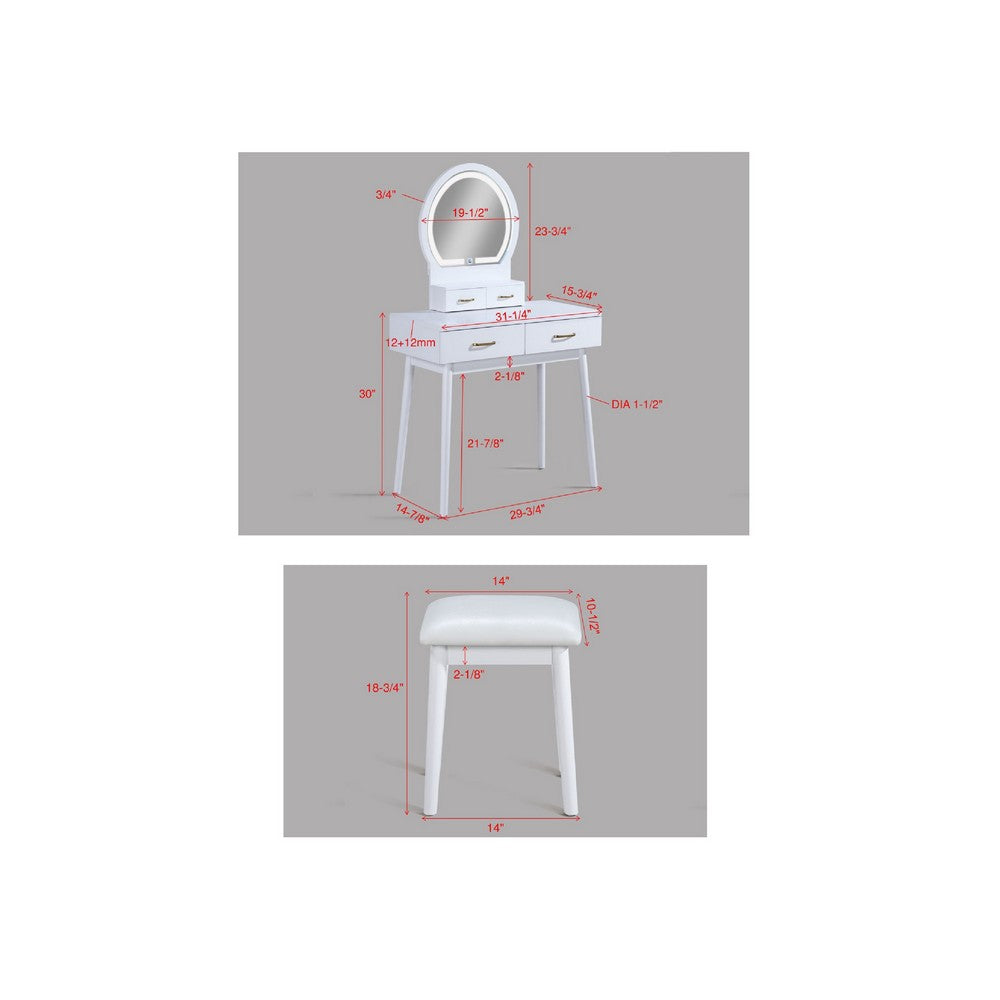 3pc Vanity Set with LED Mirror | Cushioned Stool | 2 Drawers | White