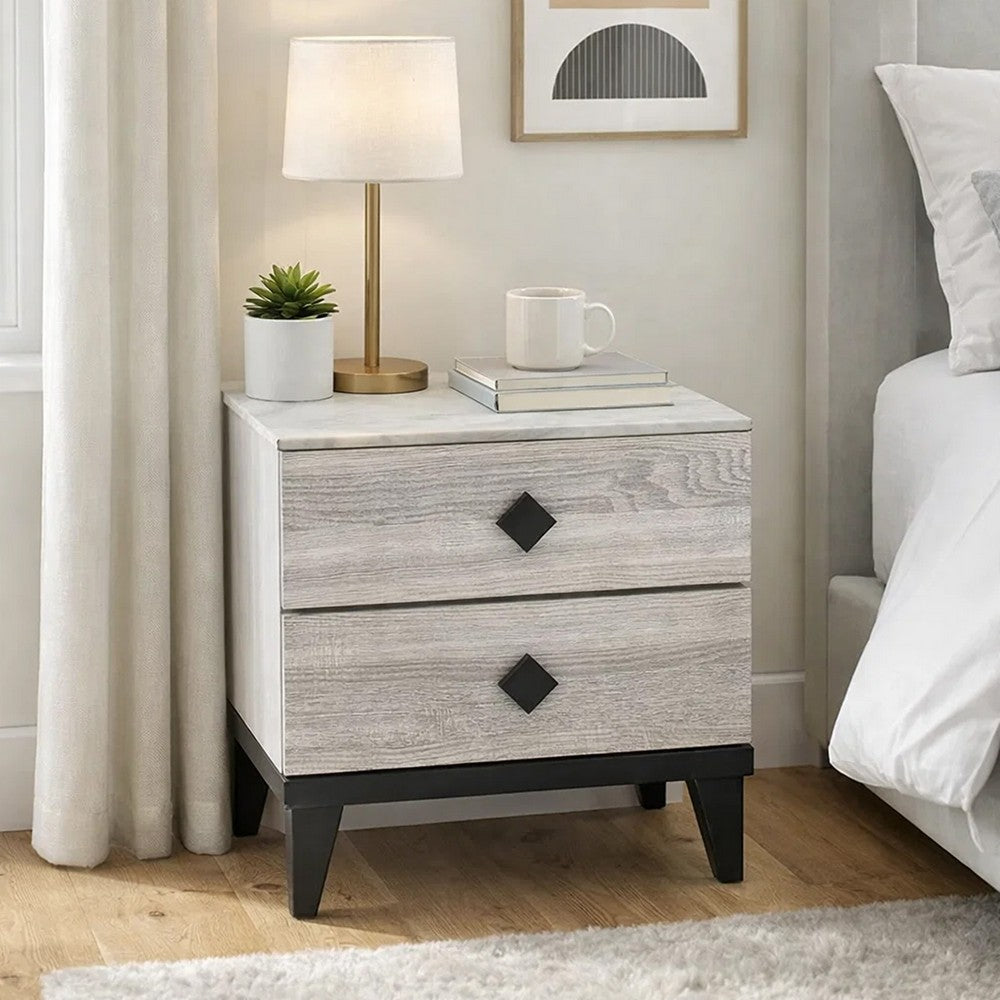 Bedside Nightstand | 2 Drawers | Black Diamond Knobs | Textured Cream