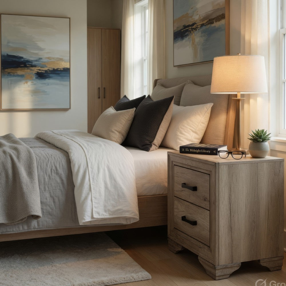 Industrial Nightstand | 2 Drawers with Black Bar Pulls | Natural Brown