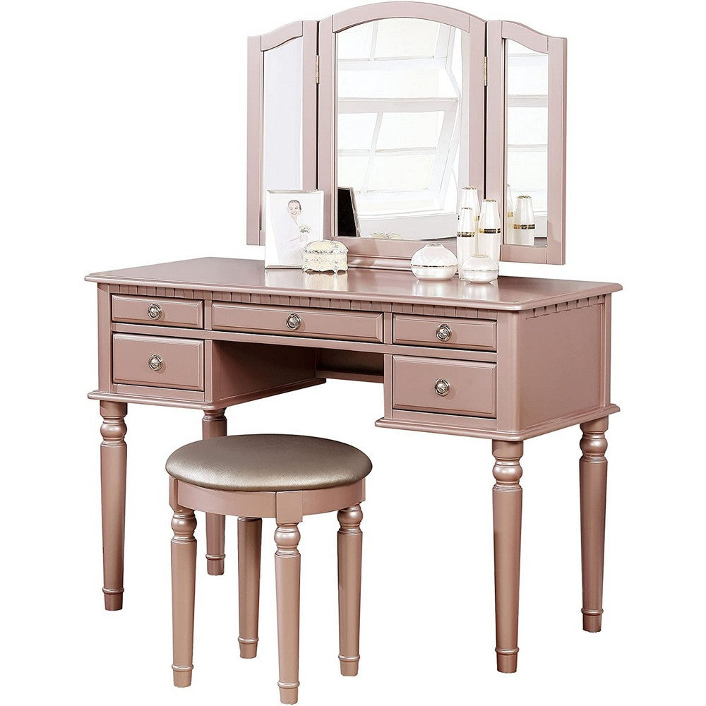 Enay 3pc Vanity Set with Padded Stool | Mirror | 5 Drawers | Rose Gold