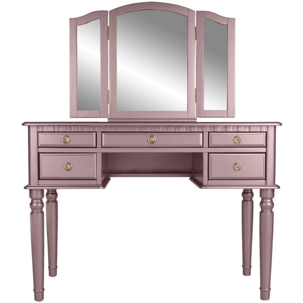 Enay 3pc Vanity Set with Padded Stool | Mirror | 5 Drawers | Rose Gold