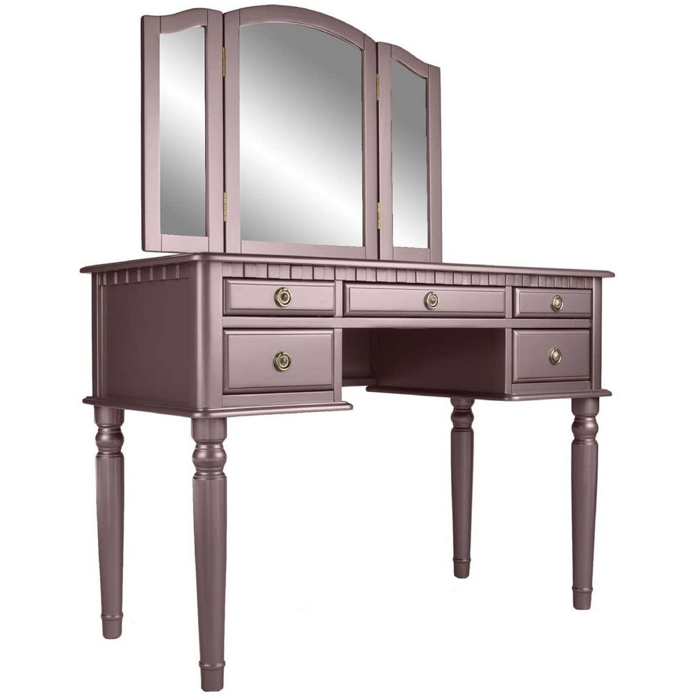 Enay 3pc Vanity Set with Padded Stool | Mirror | 5 Drawers | Rose Gold