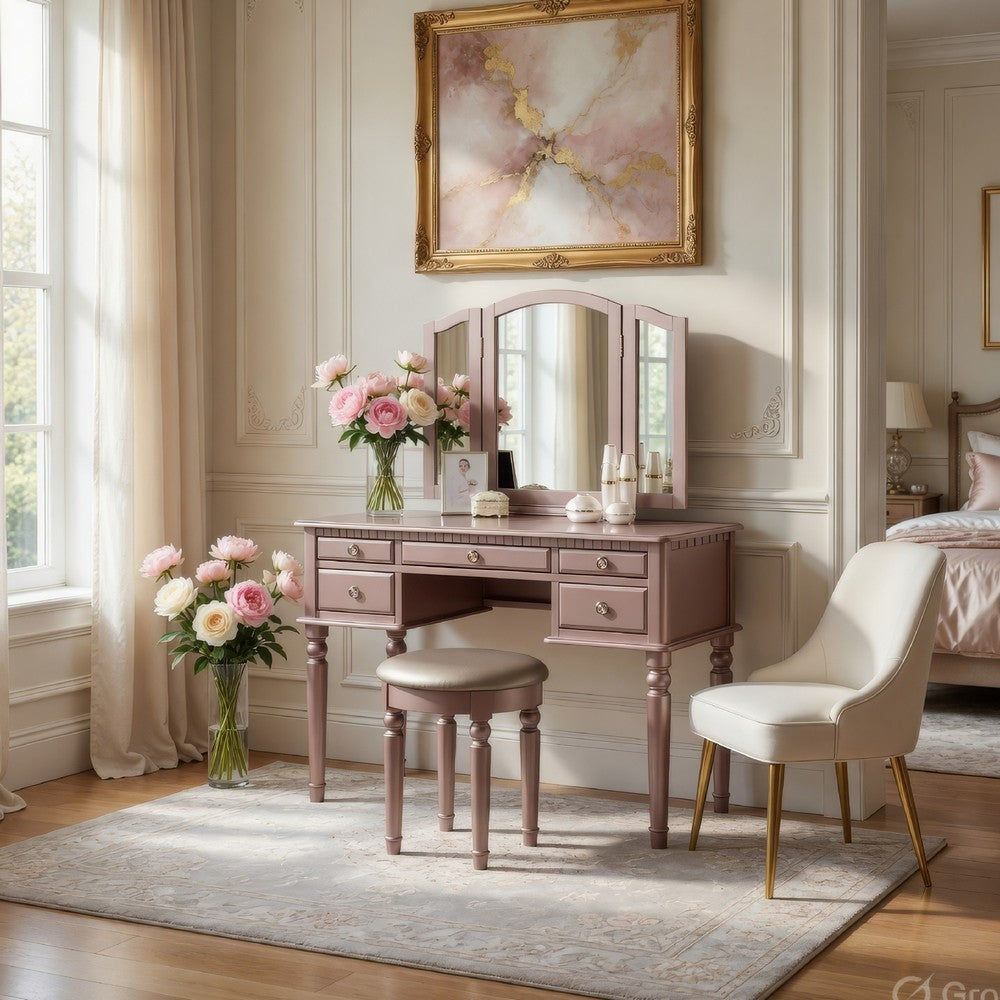 Enay 3pc Vanity Set with Padded Stool | Mirror | 5 Drawers | Rose Gold
