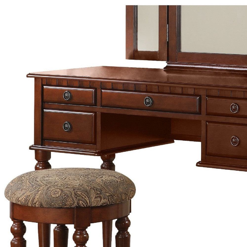 Enay 3pc Vanity Set with Padded Stool | Mirror | 5 Drawers | Cherry Brown