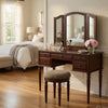 Enay 3pc Vanity Set with Padded Stool | Mirror | 5 Drawers | Cherry Brown