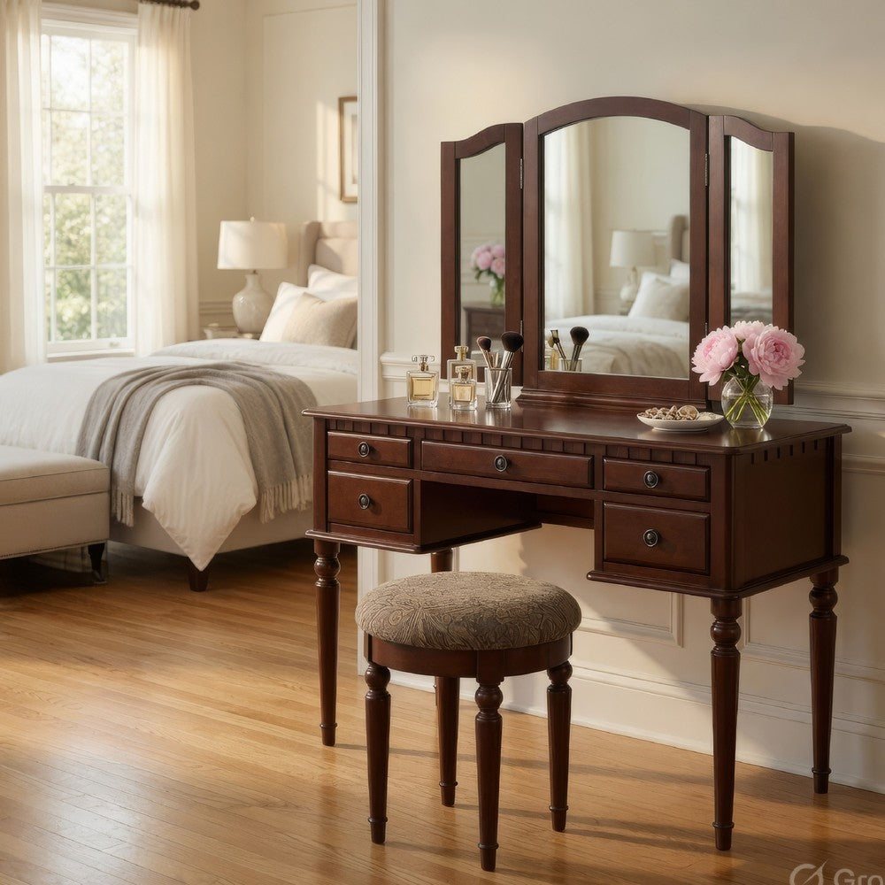 Enay 3pc Vanity Set with Padded Stool | Mirror | 5 Drawers | Cherry Brown