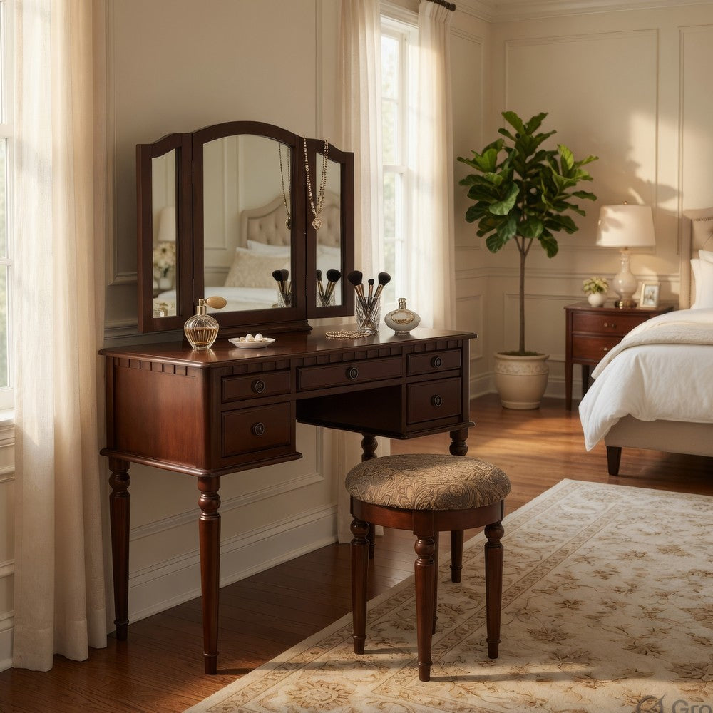 Enay 3pc Vanity Set with Padded Stool | Mirror | 5 Drawers | Cherry Brown