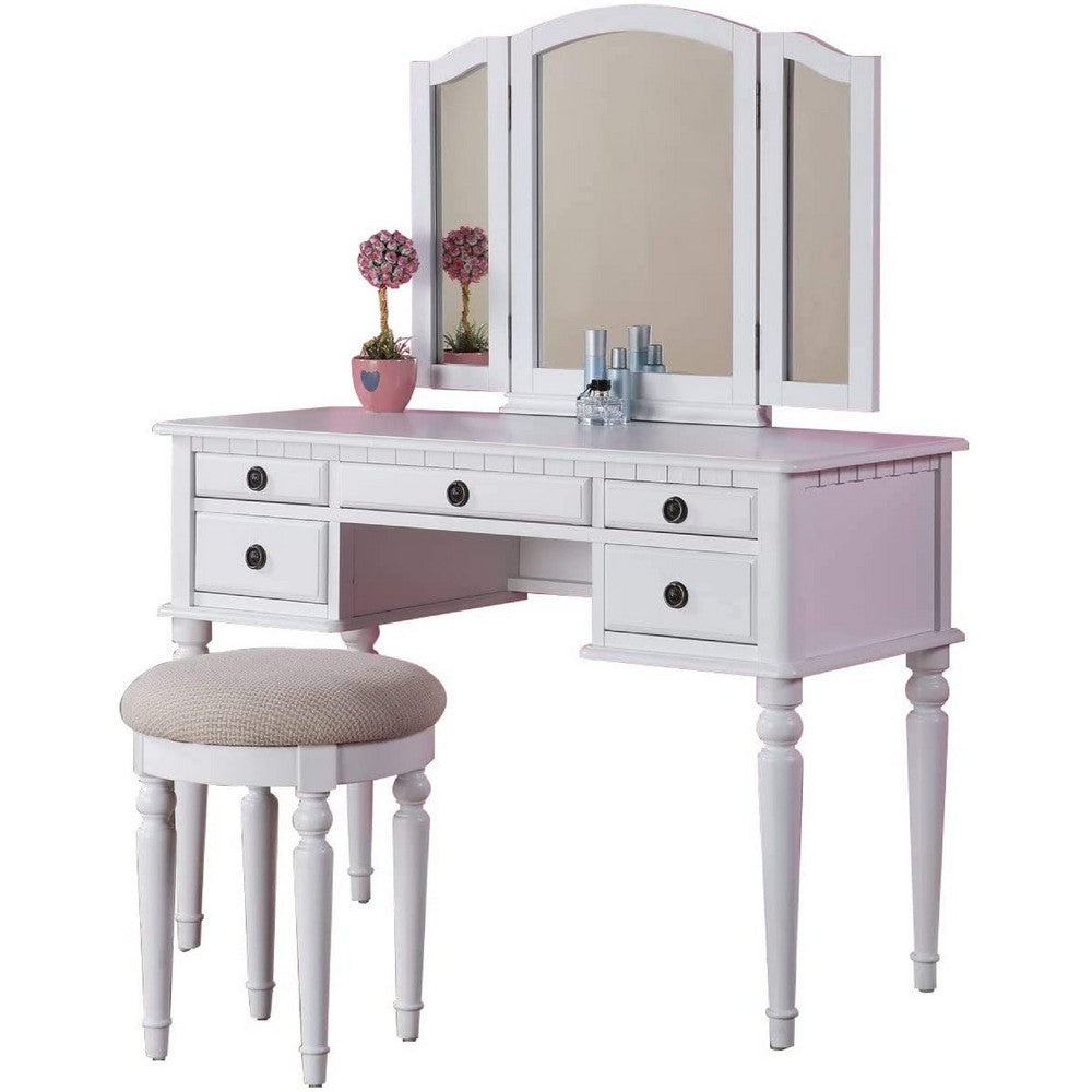 Enay 3pc Vanity Set with Padded Stool | Mirror | 5 Drawers | Glam White