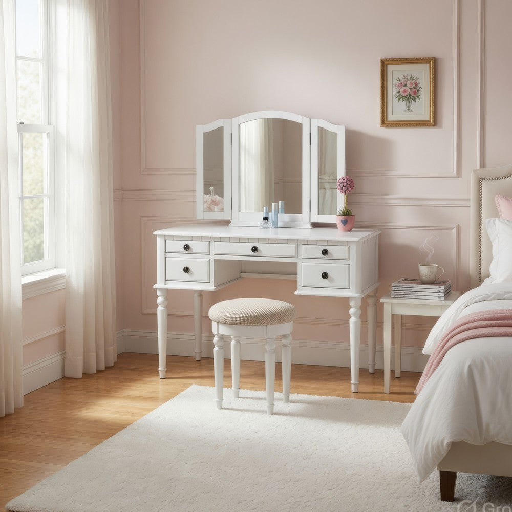 Enay 3pc Vanity Set with Padded Stool | Mirror | 5 Drawers | Glam White
