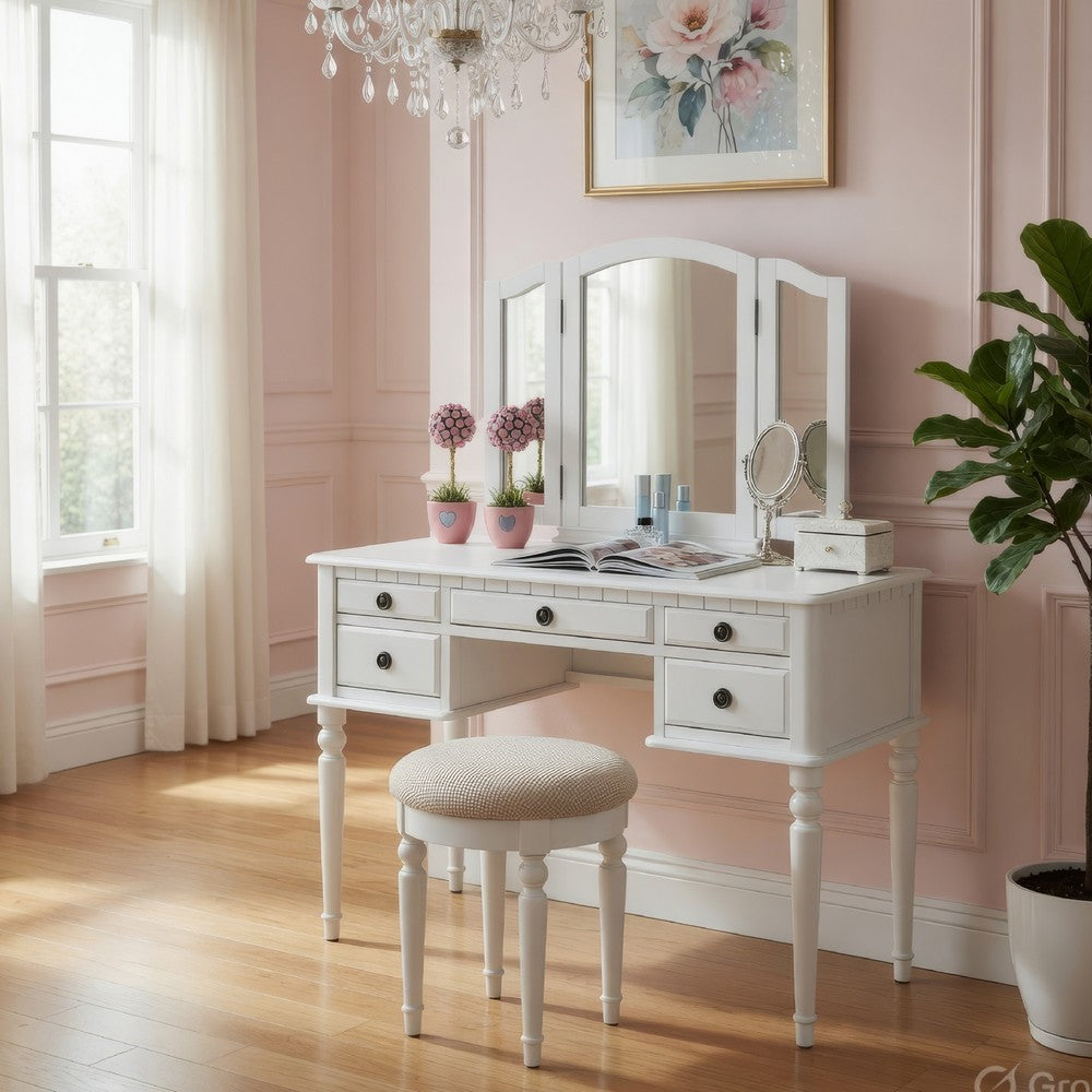 Enay 3pc Vanity Set with Padded Stool | Mirror | 5 Drawers | Glam White