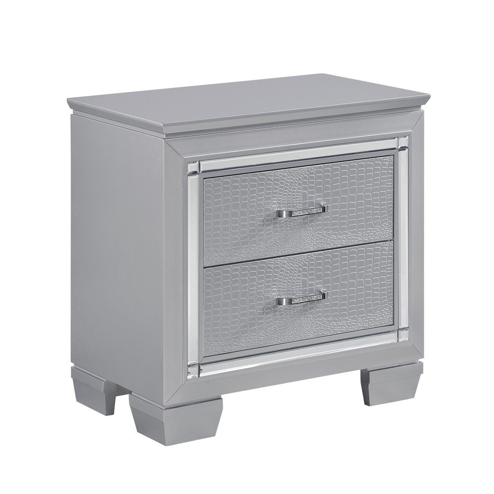 Nightstand | LED Mirror Trim | 2 Faux Alligator Embossed Drawers | Silver