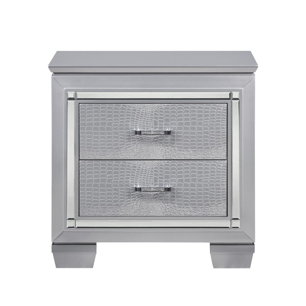 Nightstand | LED Mirror Trim | 2 Faux Alligator Embossed Drawers | Silver