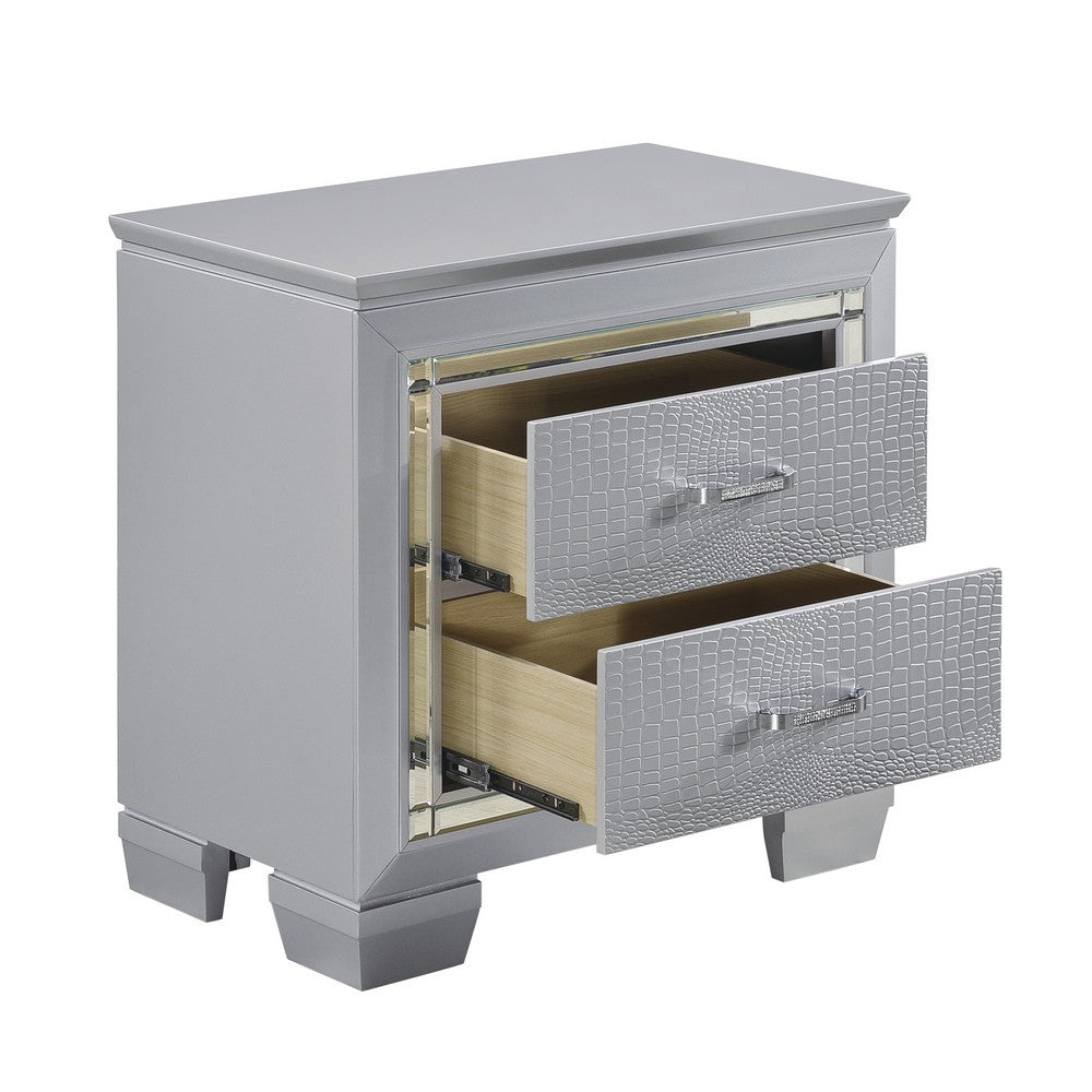 Nightstand | LED Mirror Trim | 2 Faux Alligator Embossed Drawers | Silver