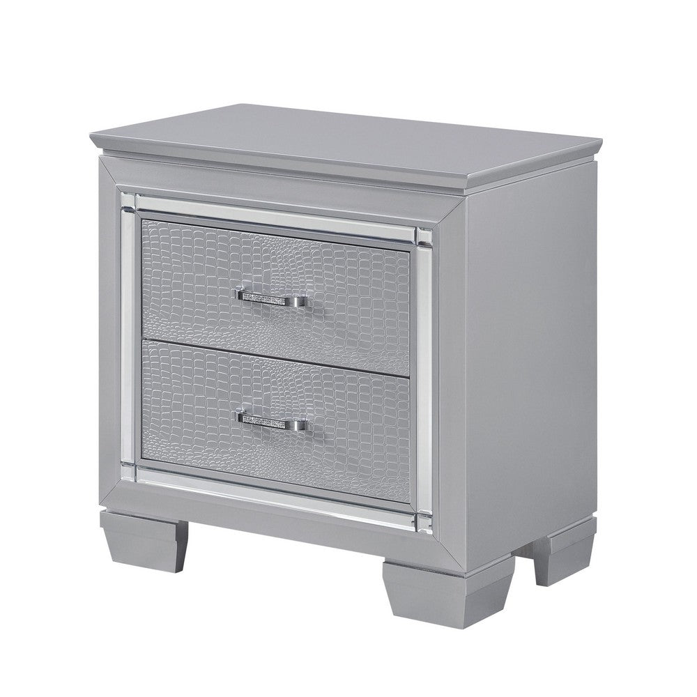 Nightstand | LED Mirror Trim | 2 Faux Alligator Embossed Drawers | Silver