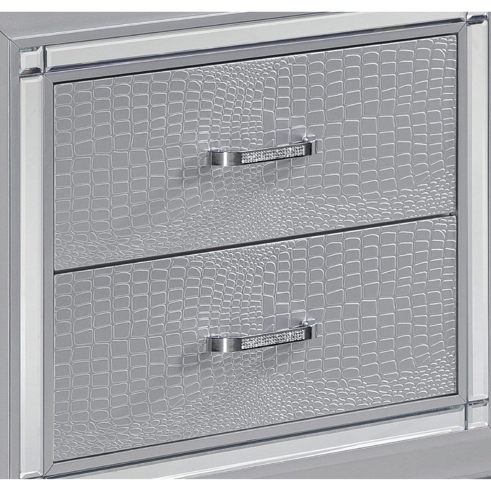Nightstand | LED Mirror Trim | 2 Faux Alligator Embossed Drawers | Silver