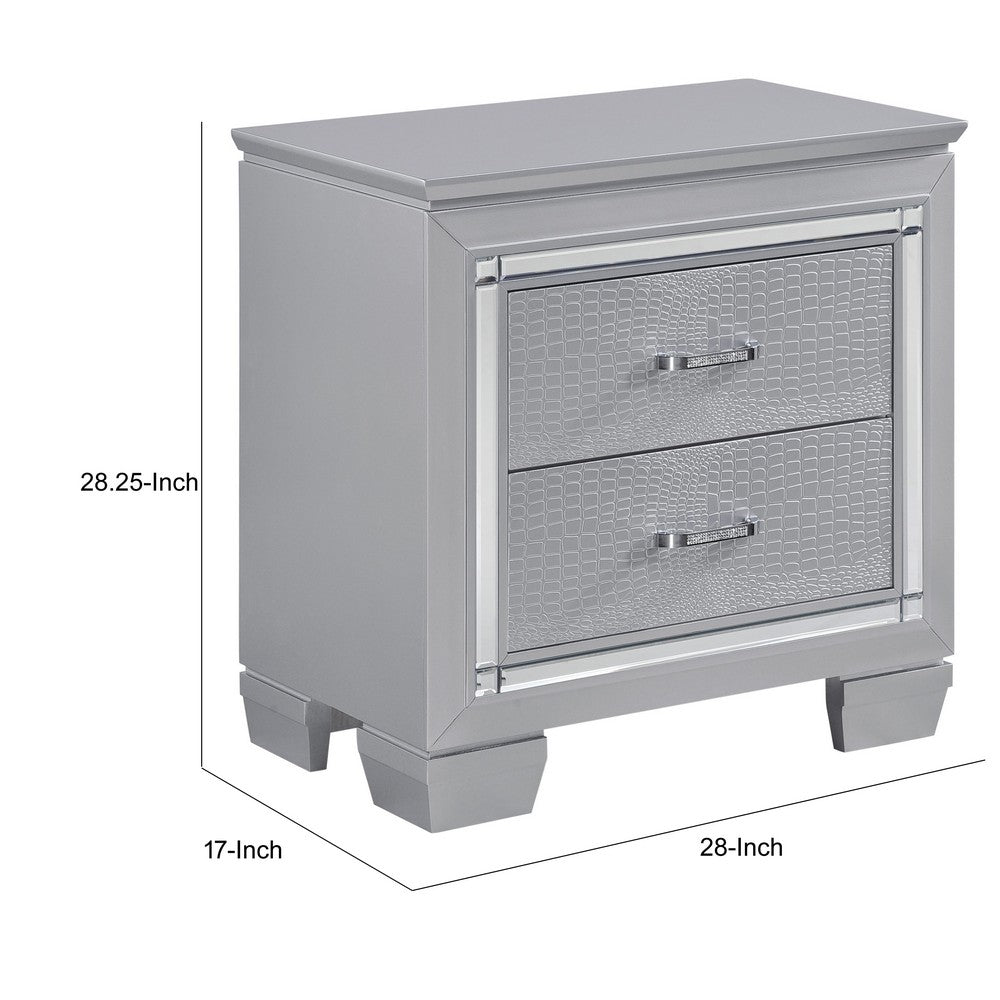 Nightstand | LED Mirror Trim | 2 Faux Alligator Embossed Drawers | Silver