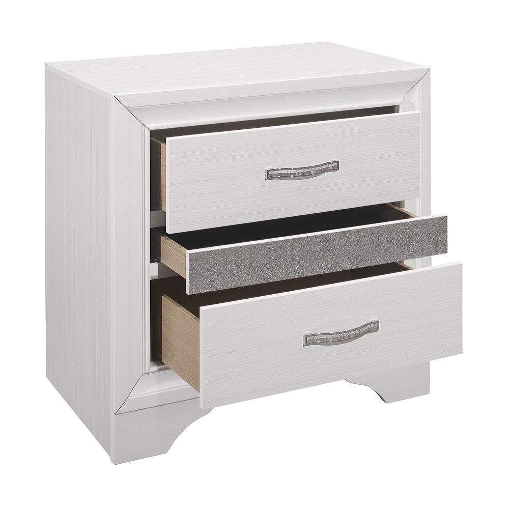 Nightstand with 2 Drawers | Silver Glitter Accents | Glam White