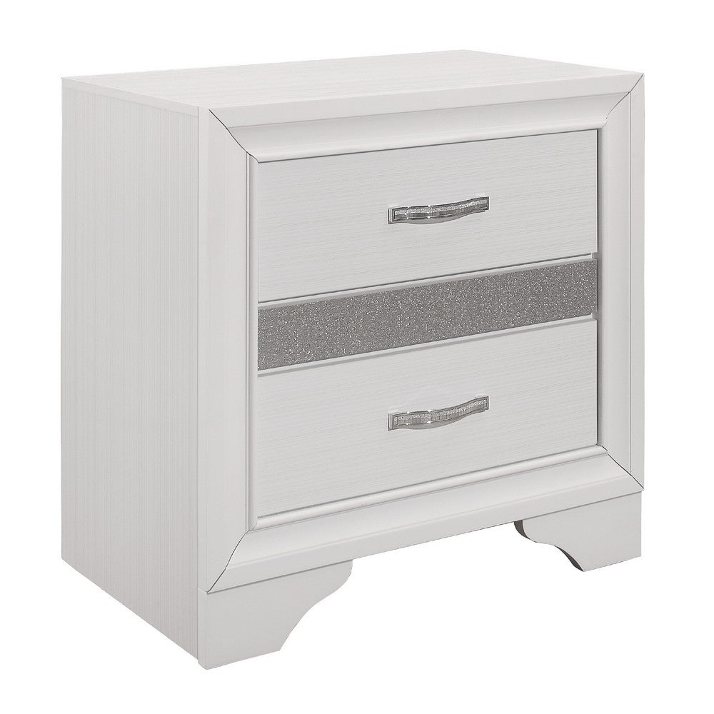 Nightstand with 2 Drawers | Silver Glitter Accents | Glam White