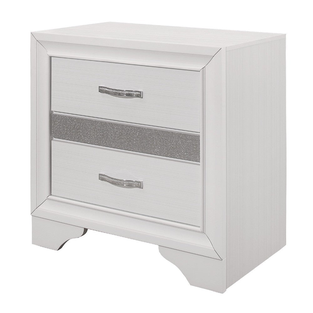 Nightstand with 2 Drawers | Silver Glitter Accents | Glam White