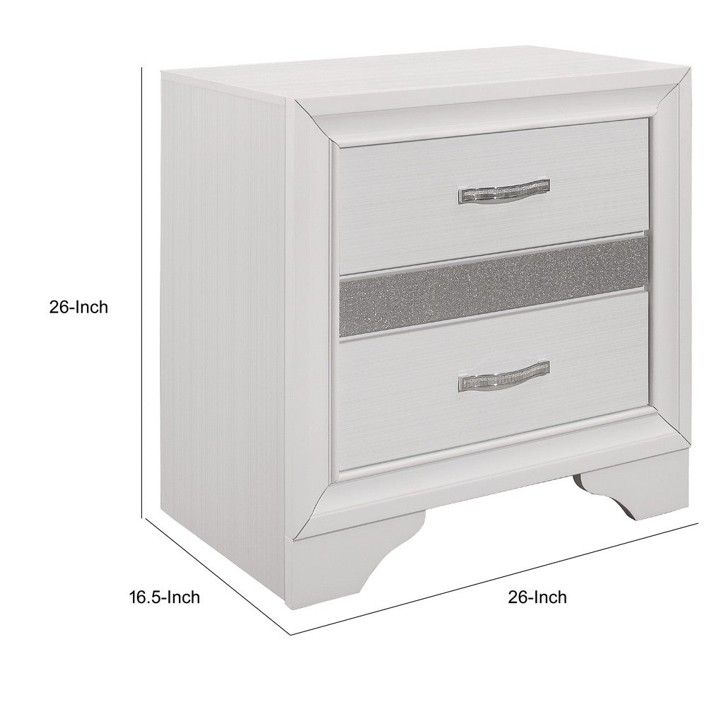 Nightstand with 2 Drawers | Silver Glitter Accents | Glam White