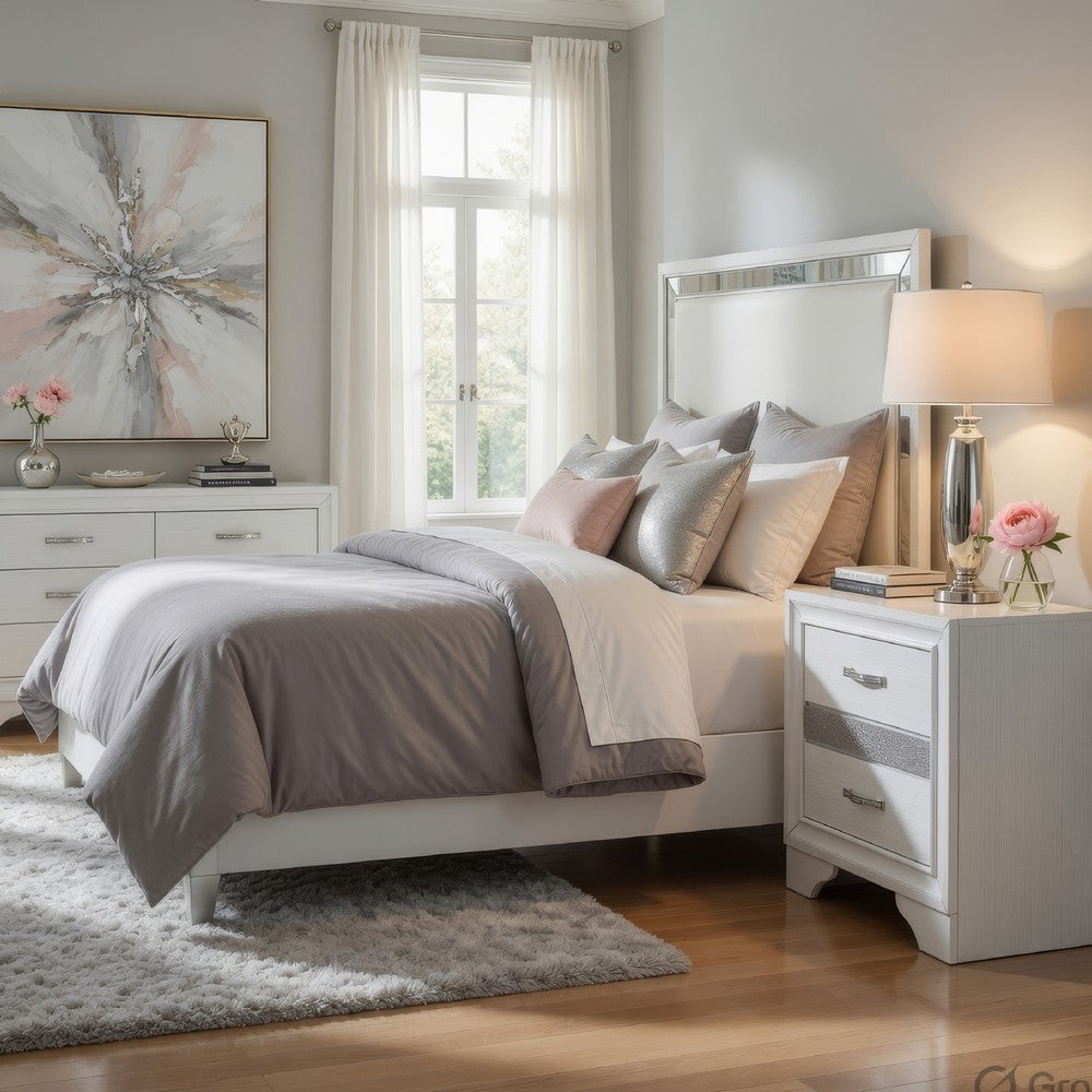 Nightstand with 2 Drawers | Silver Glitter Accents | Glam White