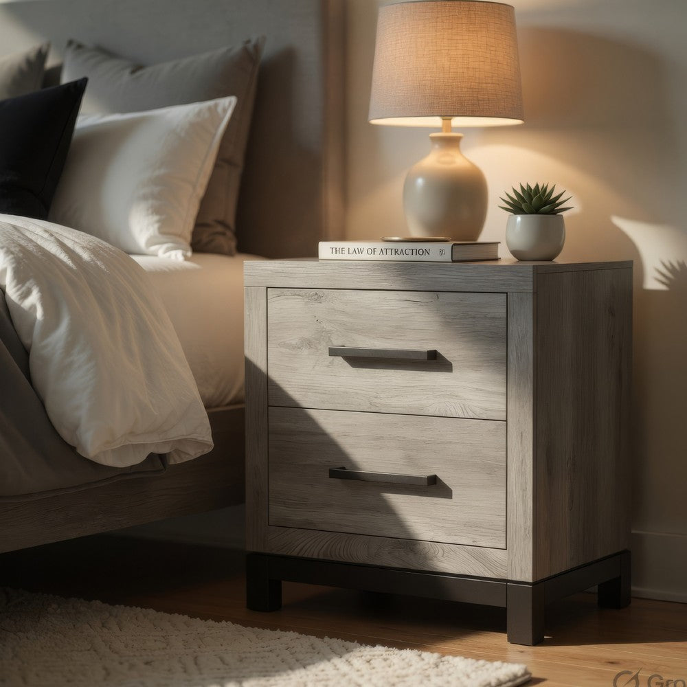 Xora Nightstand | 2 Drawers | 2 Tone Gray Faux Wood with Metal Accents