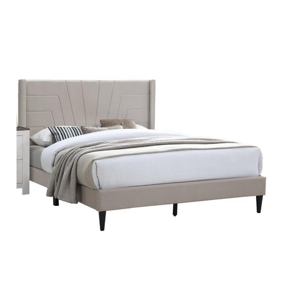 Queen Size Platform Bed | Geometric Tufted Upholstery | Light Brown