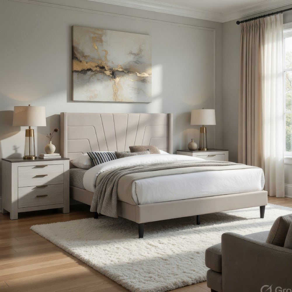 Queen Size Platform Bed | Geometric Tufted Upholstery | Light Brown