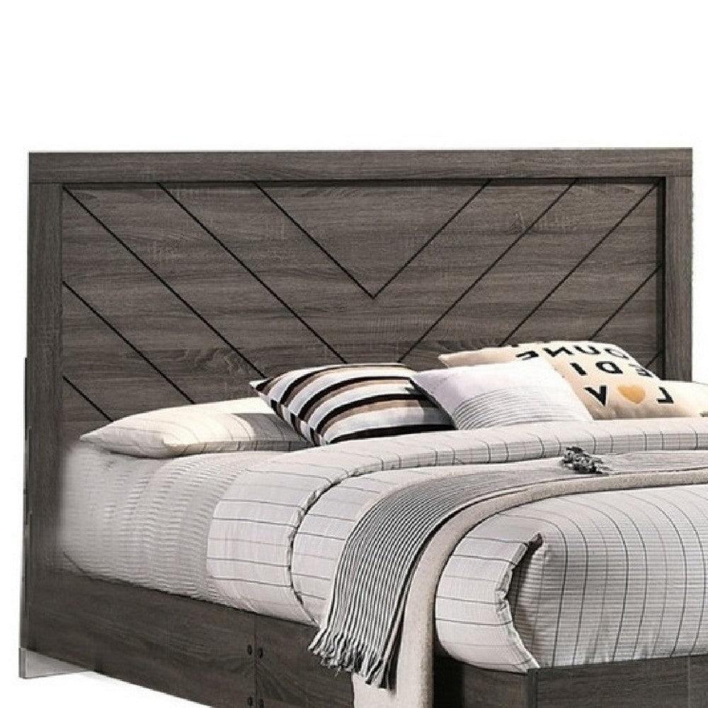 Queen Size Platform Bed with Chevron Pattern Headboard | Dark Gray