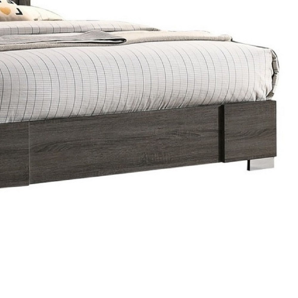 Queen Size Platform Bed with Chevron Pattern Headboard | Dark Gray