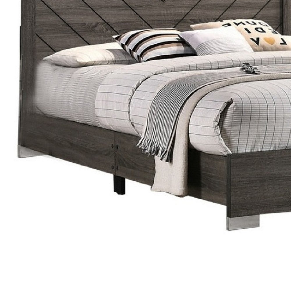 Queen Size Platform Bed with Chevron Pattern Headboard | Dark Gray