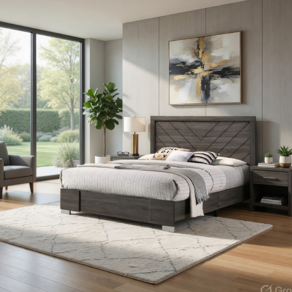 Queen Size Platform Bed with Chevron Pattern Headboard | Dark Gray