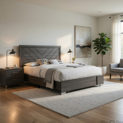 Queen Size Platform Bed with Chevron Pattern Headboard | Dark Gray