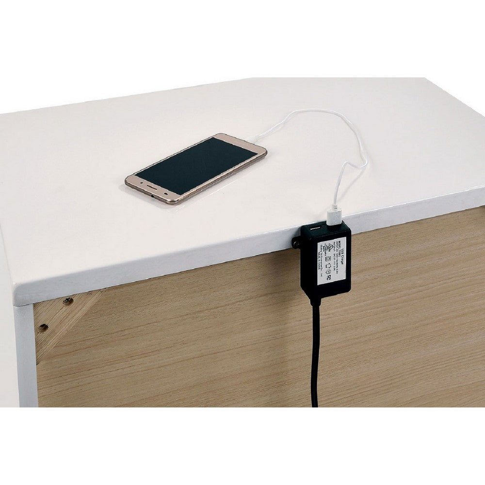 Nightstand with Chrome Metal Accents | USB Port | 2 Drawers | Gloss White