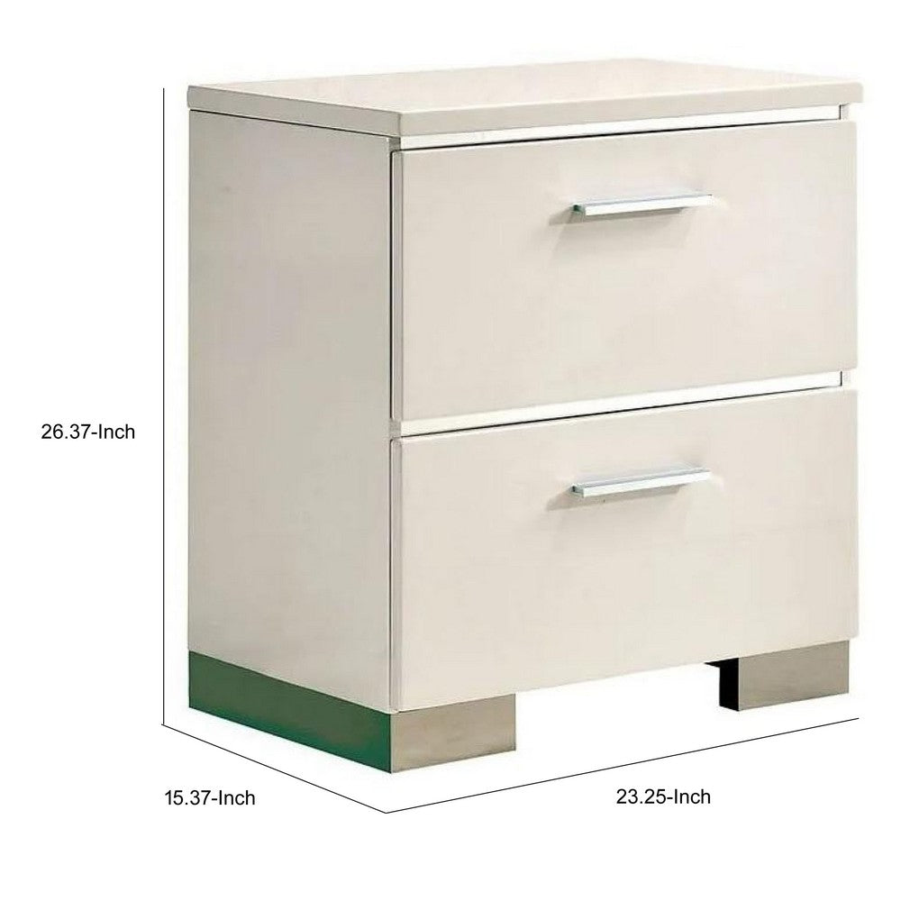 Nightstand with Chrome Metal Accents | USB Port | 2 Drawers | Gloss White