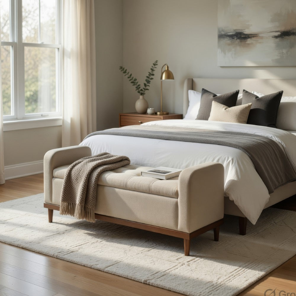 Modern Storage Bench with Tufted Lift-Top | 50 Inch Walnut Brown Frame