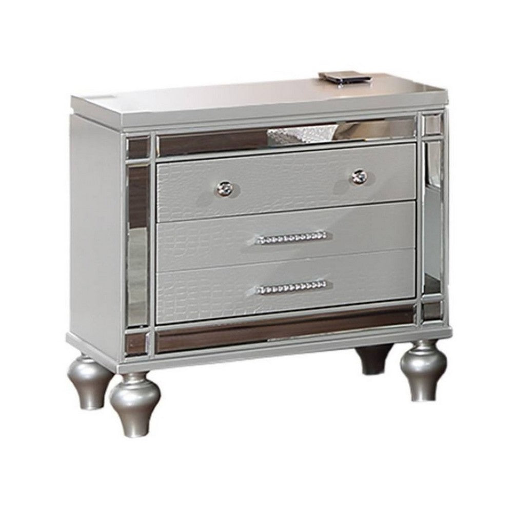 Nightstand | 2 Snakeskin Embossed Drawers | Mirror Front | Classic Silver