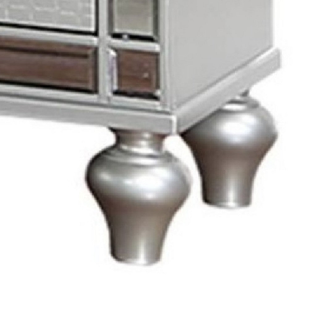 Nightstand | 2 Snakeskin Embossed Drawers | Mirror Front | Classic Silver