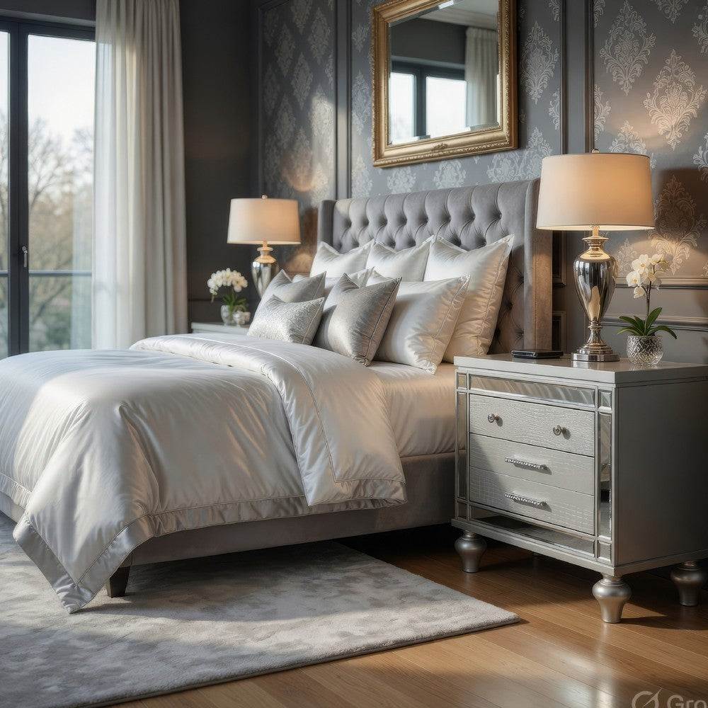 Nightstand | 2 Snakeskin Embossed Drawers | Mirror Front | Classic Silver