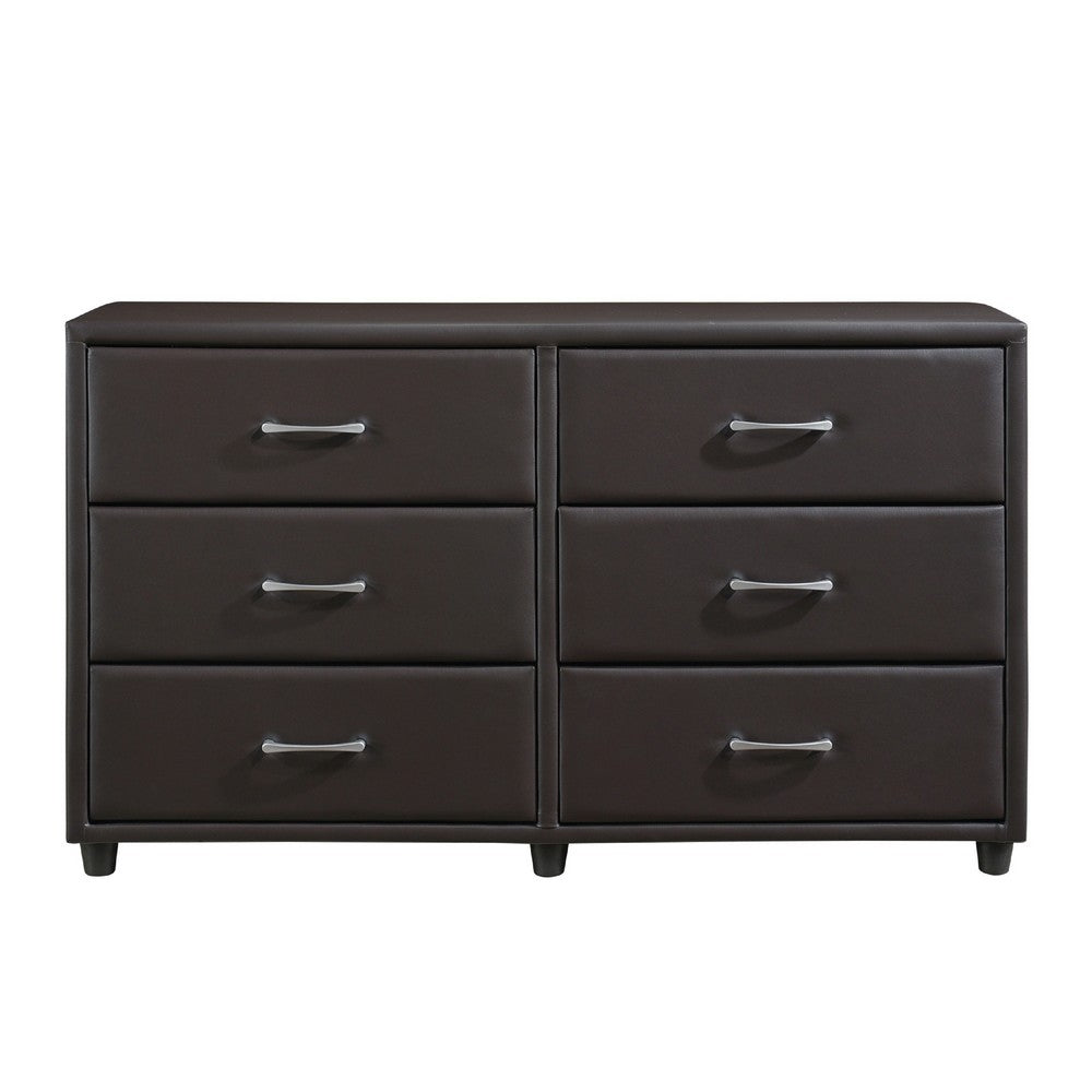 Kely Wide Dresser | 6 Drawers | Silver Bar Pulls | Dark Brown Faux Leather