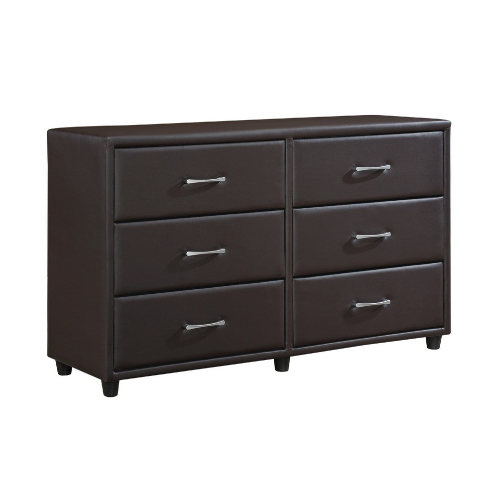 Kely Wide Dresser | 6 Drawers | Silver Bar Pulls | Dark Brown Faux Leather