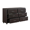 Kely Wide Dresser | 6 Drawers | Silver Bar Pulls | Dark Brown Faux Leather
