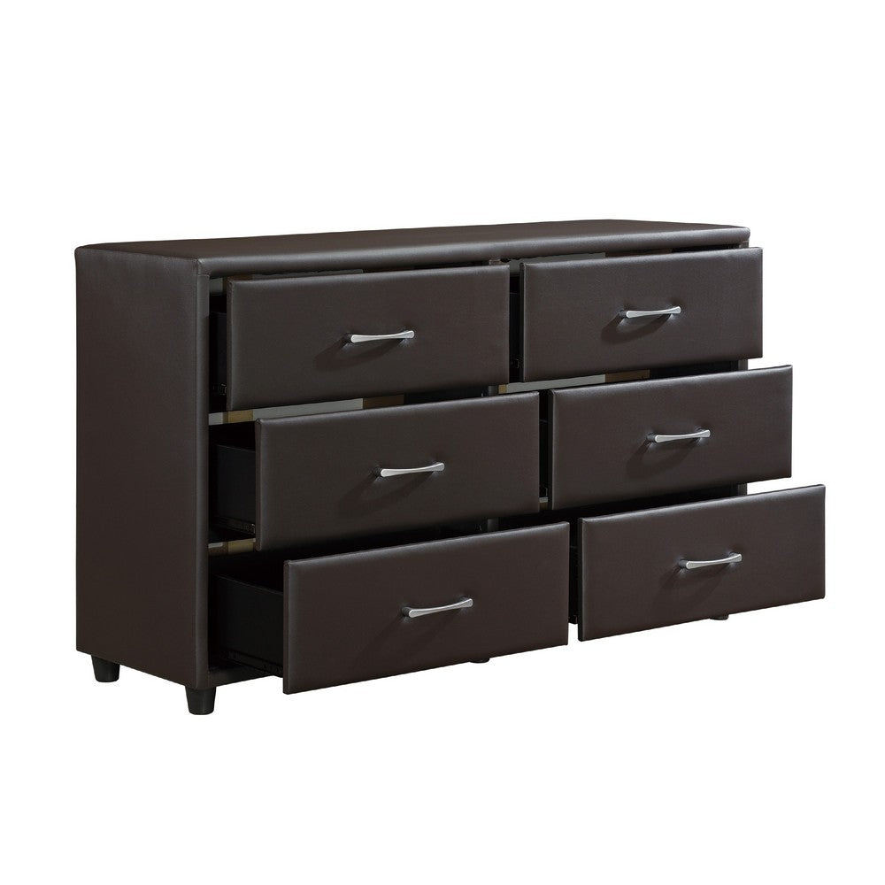 Kely Wide Dresser | 6 Drawers | Silver Bar Pulls | Dark Brown Faux Leather