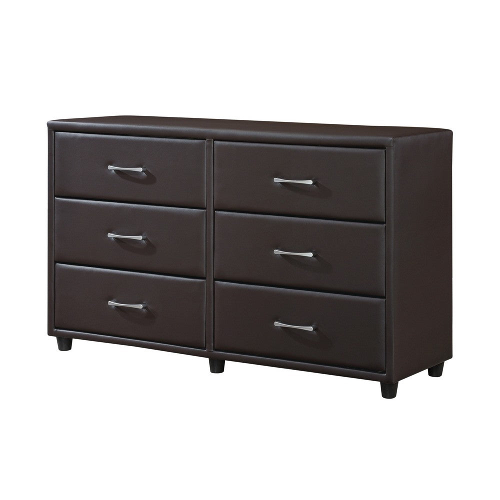 Kely Wide Dresser | 6 Drawers | Silver Bar Pulls | Dark Brown Faux Leather