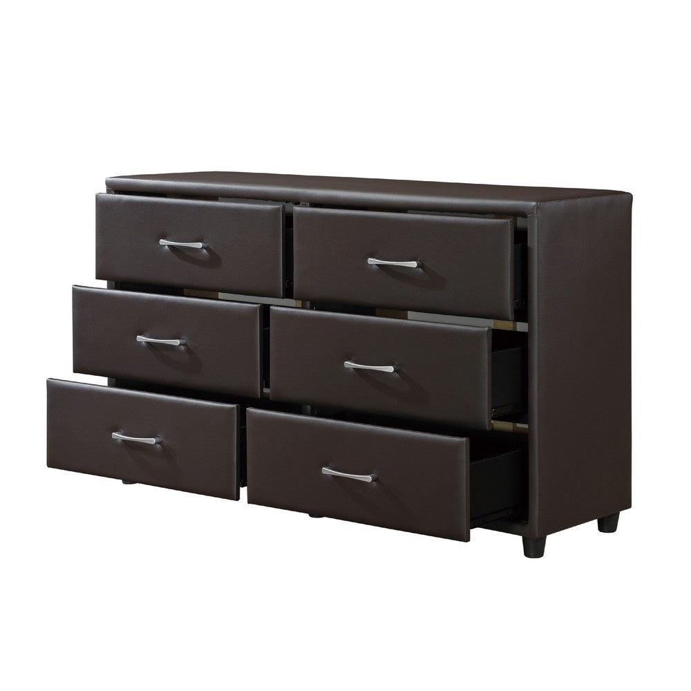 Kely Wide Dresser | 6 Drawers | Silver Bar Pulls | Dark Brown Faux Leather