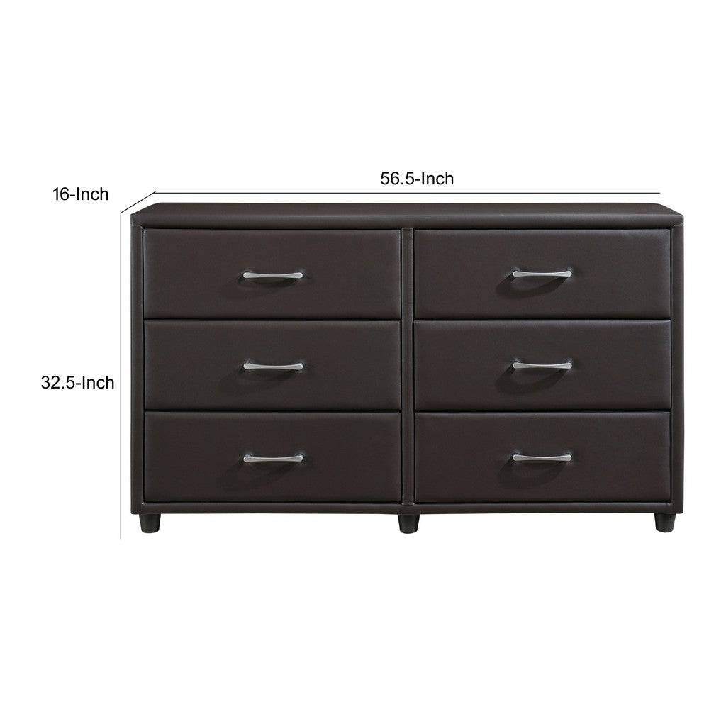 Kely Wide Dresser | 6 Drawers | Silver Bar Pulls | Dark Brown Faux Leather