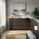 Kely Wide Dresser | 6 Drawers | Silver Bar Pulls | Dark Brown Faux Leather