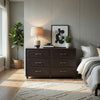 Kely Wide Dresser | 6 Drawers | Silver Bar Pulls | Dark Brown Faux Leather