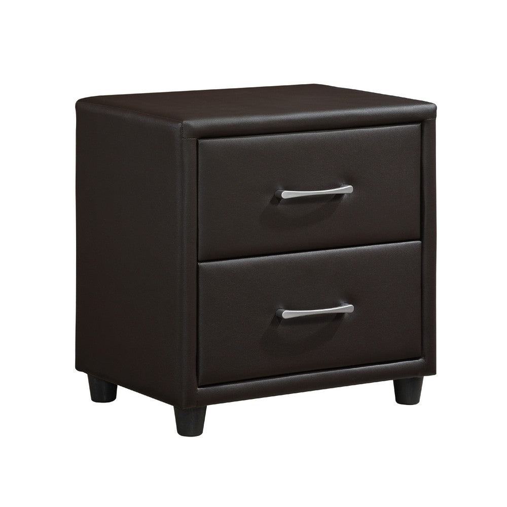 Kely Nightstand | 2 Drawers | Silver Bar Pulls | Dark Brown Faux Leather