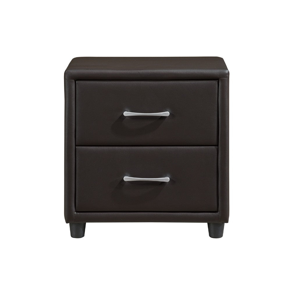 Kely Nightstand | 2 Drawers | Silver Bar Pulls | Dark Brown Faux Leather